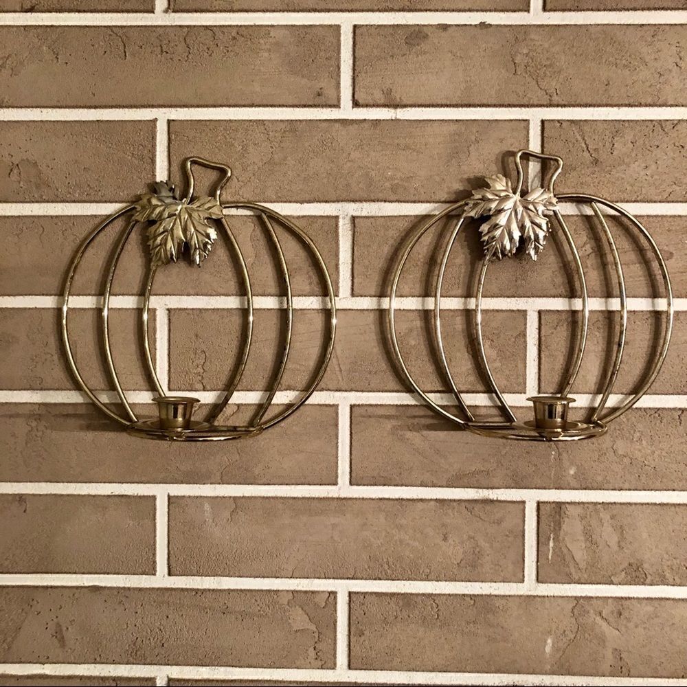 Vintage Pumpkin Wall Hanging Candlestick Holders in Gold Lot of 2 - Picture 1 of 15